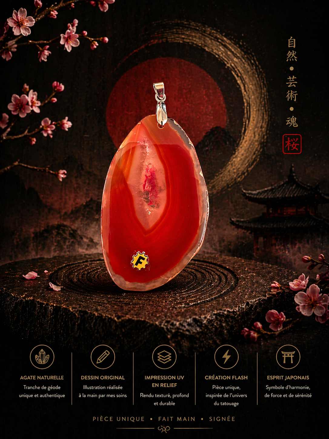 CRÉATION FLASH PENDENTIF JAPON SUR GÉODE EN RELIEF