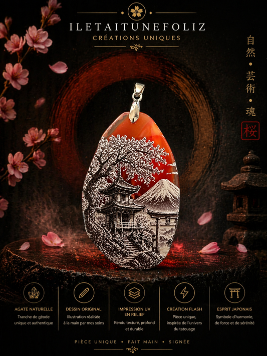 CRÉATION FLASH PENDENTIF JAPON SUR GÉODE EN RELIEF